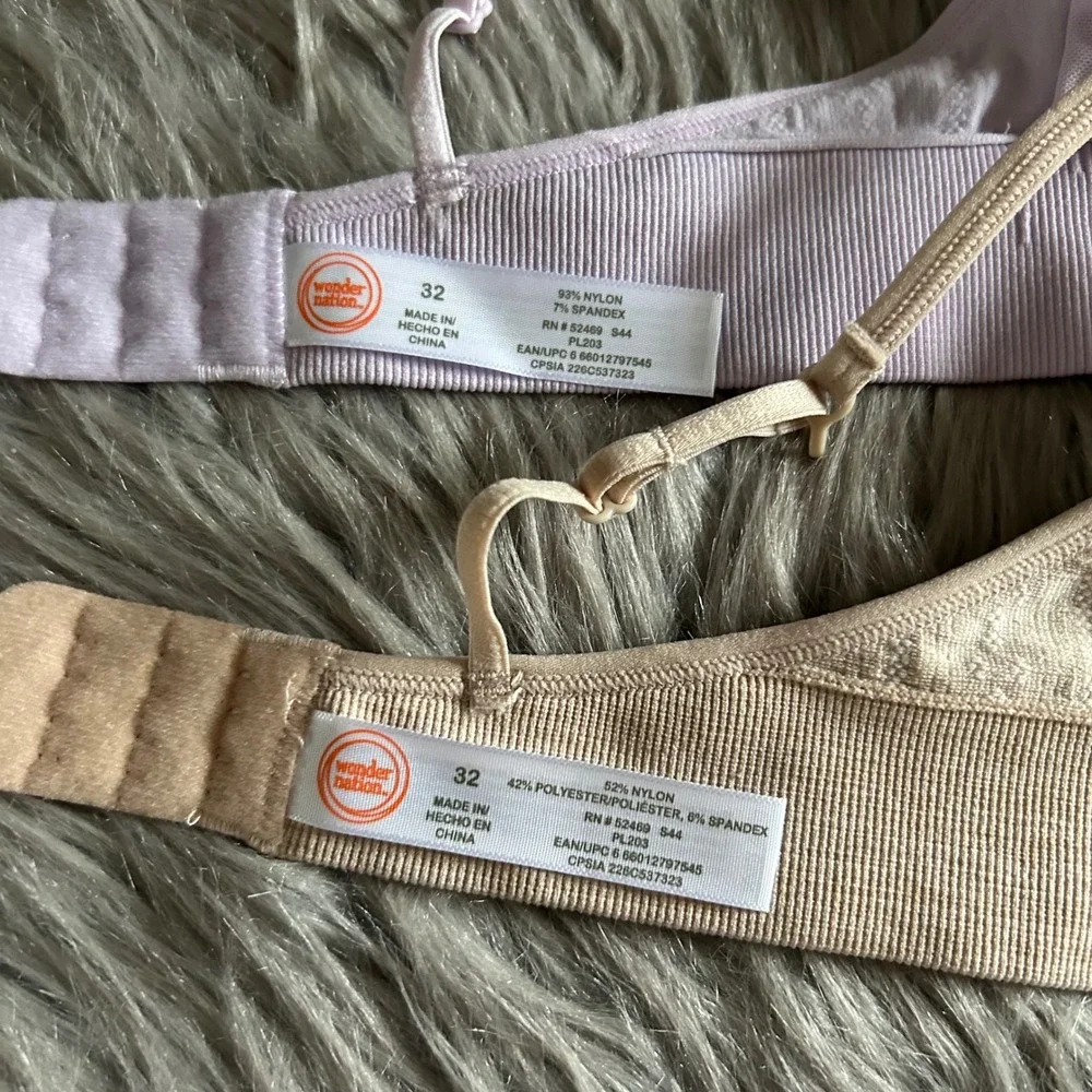 Wonder Nation Ribbed‎ Bras Girls Size 32 Bra Bundle Lot Of 2 Purple Beige Padded